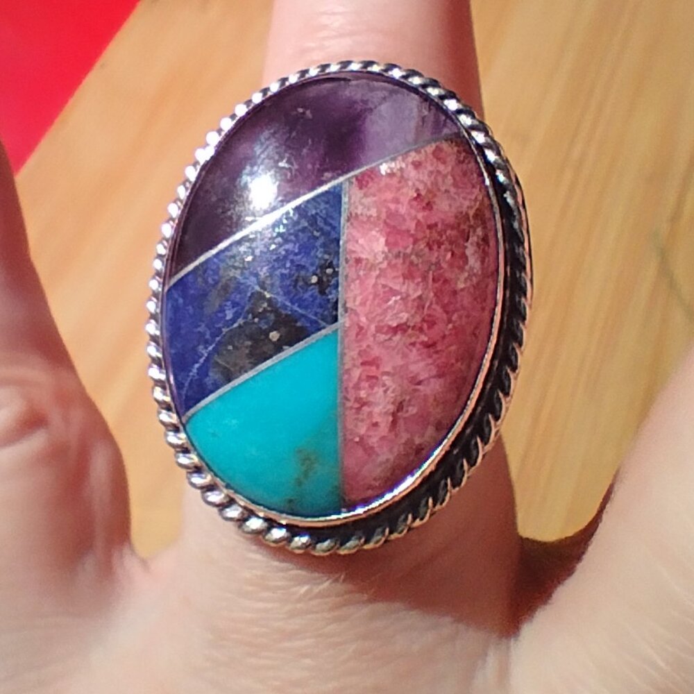 Jay King DTR multi stone Turquoise Lapis inlay ring 925 Sterling Silver size 10 - Picture 2 of 10